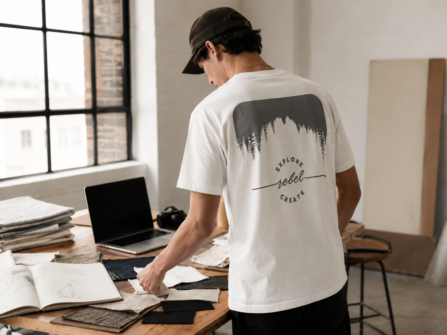 White Creator 001 heavyweight graphic tee styled in motion
